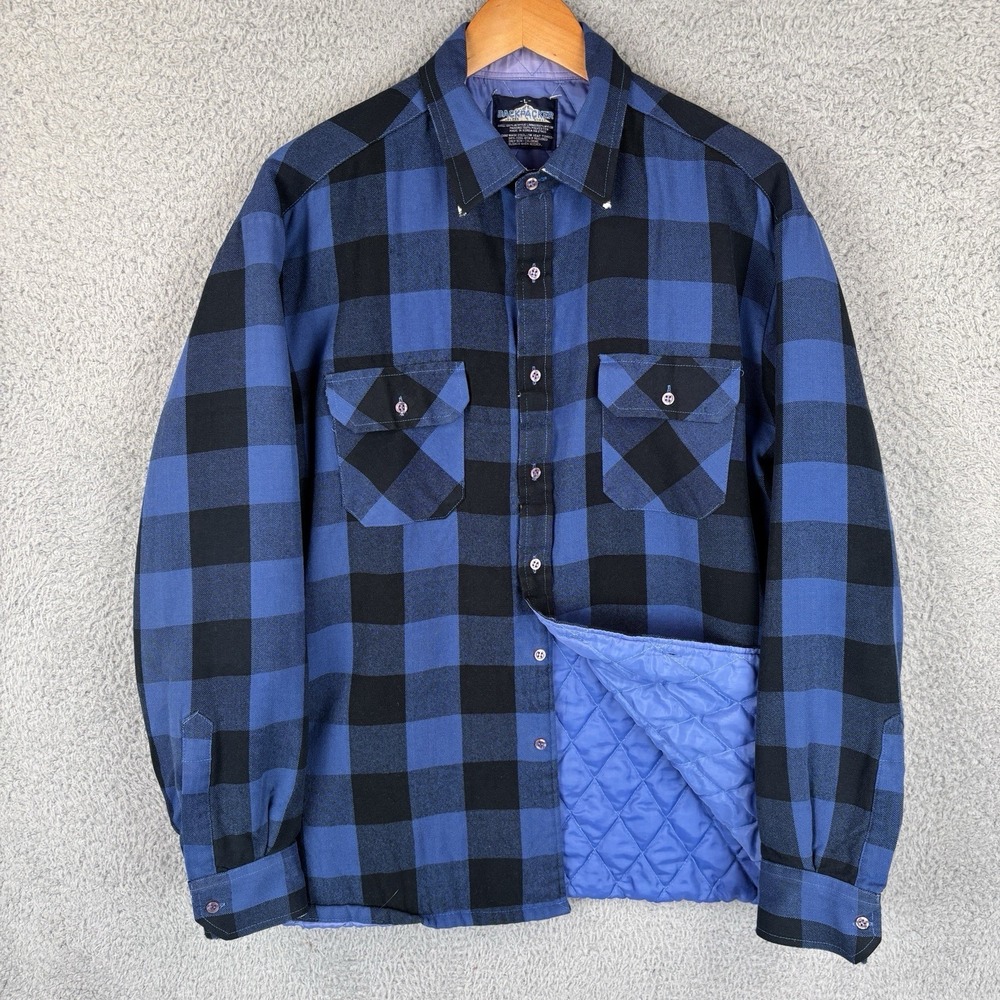 Vintage Back Packer Shirt Jacket Men L Blue Buffalo Plaid Quilted Lined Flannel